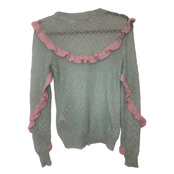 RARE Anna October Mint Green Pink Ruffle Wool Blend Sweater Size Small - Picture 3 of 11